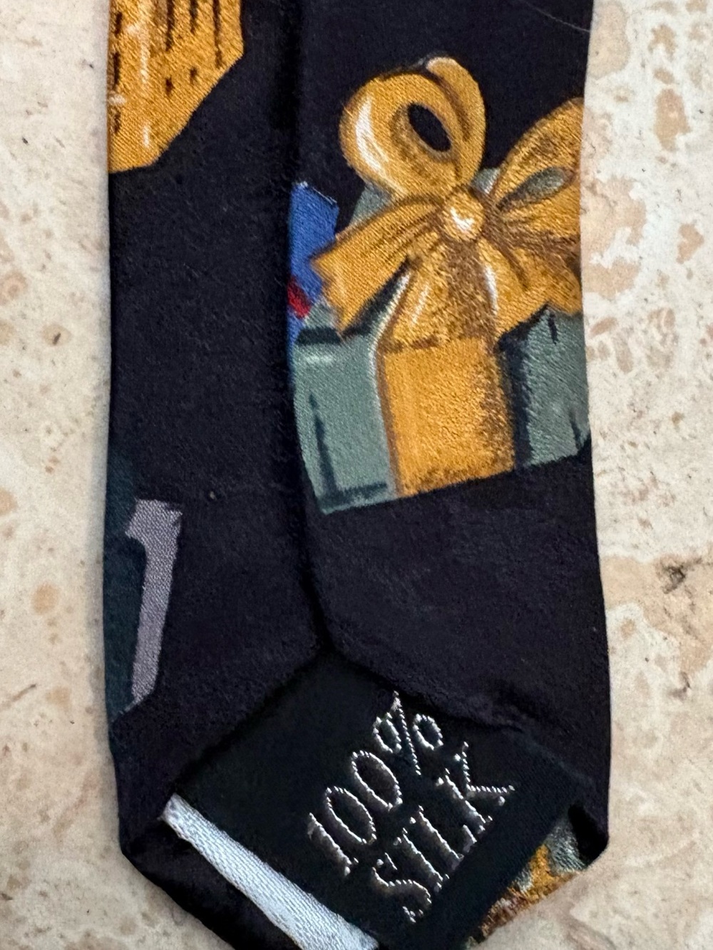 Silk Men's Tie with Gold Gift Print - Black